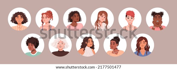 Curly girls characters avatars set. Young\
women face portraits in circles. Females with fashion hairstyles,\
curls, wavy frizzy hair. Flat graphic vector illustrations isolated\
on white background