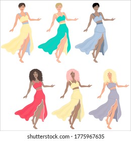 Curly girls set. Fashion illustration. Ocean life. Summer love concept.