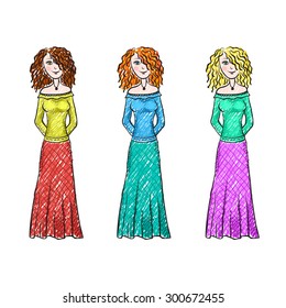 curly girls set - three women with different colored hair, hand drawn style vector objects