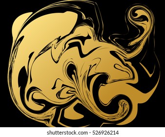 Curly golden inky stains in suminagashi style of marbling.