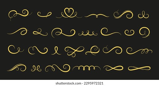 Elementos gráficos con curvas. La caligrafía cambia, diseño creativo y decorativo de la firma. Señales de curva de acabado de letras y letras, conjunto vintage de oro vectorial