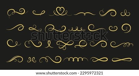 Curly graphic elements. Calligraphy swashes, signature decorative creative design. Lettering and letters finish curve signs, vector gold vintage set