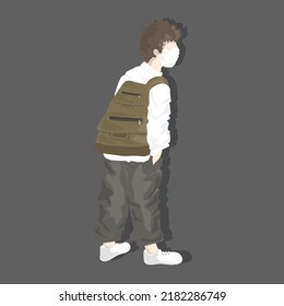 A curly guy with a backpack, a stylish student.For prints on fabrics, for fashion magazines, banners, stickers, cartoons.
