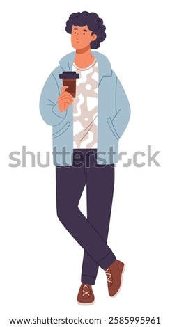 Curly guy in hipster clothes is holding a cup of coffee to go.