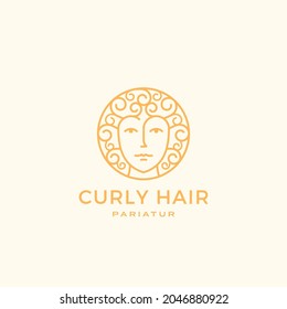 Curly Hair Abstract Contemporary Minimal Sign or Linear Logo Template. Outlined Woman Face Emblem or Label with Modern Typography. Isolated.
