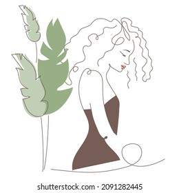 Curly hair African, American woman silhouette with simple shapes and palm leaves, vector illustration in flat design