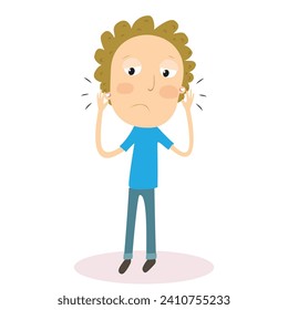 Curly hair boy with ear pain. Vector Illustration.