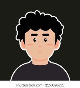 Curly hair boy profile picture cute style illustration with black t shirt and black background.