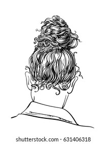 Curly hair in bun hairstyle back view line art  Hand drawn vector illustration