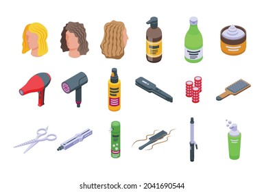 Curly hair care icons set isometric vector. Hair dandruff. Shampoo massage