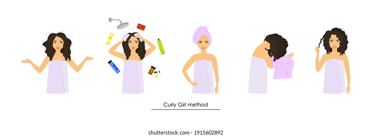 Curly hair care process. A beautiful young girl washes, styles, dries curly hair. Curly girl method. Vector in cartoon style.