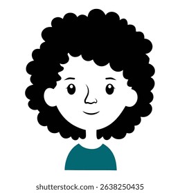 Curly hair cartoon character avatar of smiling child face icon vector illustration in flat minimal style for profile and education design.