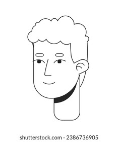 Curly hair cheerful man black and white 2D line cartoon character head. Pleasant looking guy isolated vector outline person face. Youngster with fluffy haircut monochromatic flat spot illustration