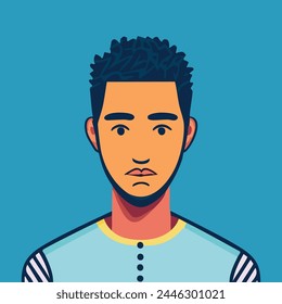 A curly hair man’s face. An avatar of a happy man. A young man smiles. Vector flat illustration