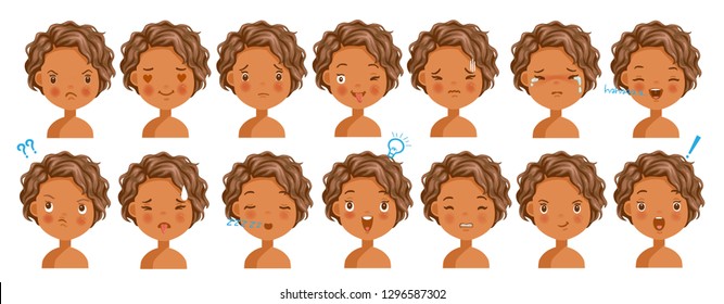 Curly Hair Face Dark Skin Girl Facial Emotions Set. Child Face With Different Expressions. Variety Of Emotions Children. Female Heads Show A Variety Of Moods, Differences. Schoolboy Portrait Avatars.