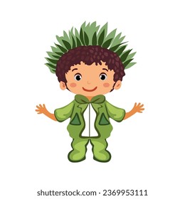 curly hair kids wearing nature plant costume with leaf ornament on the head. Happy children with organic outfit for school theatrical action character vector flat illustration