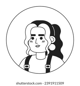 Curly hair latina girl relaxed smiling black and white 2D vector avatar illustration. Posing latin american young adult woman outline cartoon character face isolated. Casual headshot flat portrait