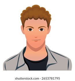 Curly hair man avatar in flat vector style, wearing casual jacket. Perfect for user profiles, app design, male characters, web avatars, and cartoon illustrations.