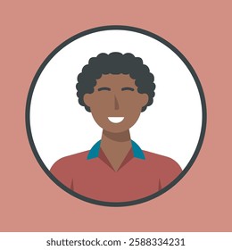 curly hair man in circle frame with outline flat vector design.