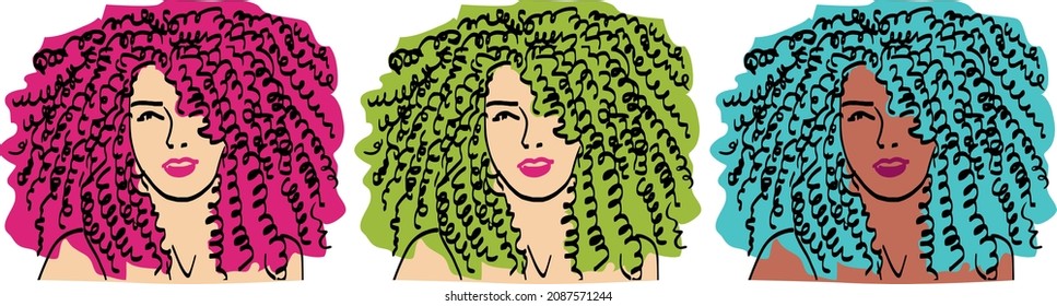 Curly hair model with colourful hair style vector pop art