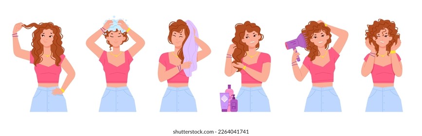 Proceso de pelo rizado. Concepto de método de chicas de curso, mujeres hermosas con cabeza de lavado usan herramientas de cuidado de pelo húmedo aplicador, spray de productos cosméticos de cuidado, ilustración vectorial de cuidado y tratamiento