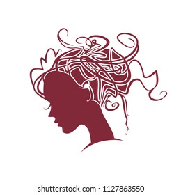 Curly hair. Silhouette profile of a female head with a deliberately careless hairdo. Modern hair style.