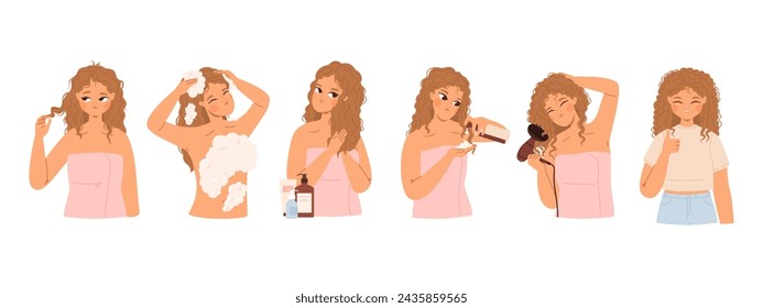 Pelo rizado paso a paso. Linda chica cuidando el pelo. Mujer joven que lava la cabeza y que hace el peinado con cosméticos y herramientas. Concepto de vector cómodo de la belleza