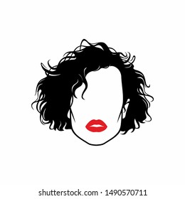 Curly hair styling vector image. Femily haircut silhouette. Woman face with wavy short hair and red lips.