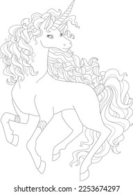 Curly Hair Unicorn black and white vector line art coloring book coloring page