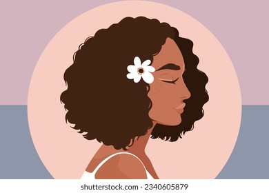 Curly hair woman, Afro woman side view portrait. profile avatar . Abstract stylish woman Portrait for Female Print, Boho Girl Wall Art , Mid Century modern design, avatar.