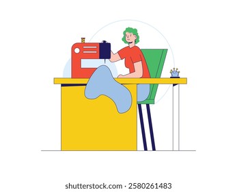 Curly hair woman is focusing on sewing, making clothes. Character design. Vector flat illustration