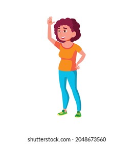 Curly Hair Woman Putting Hand Up For Answer On Lecturer Question Cartoon Vector. Curly Hair Woman Putting Hand Up For Answer On Lecturer Question Character. Isolated Flat Cartoon Illustration