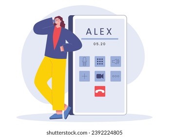 Curly hair woman standing calling her boyfriend, talking and laughing. Dating online communication. Character design. Vector flat illustration