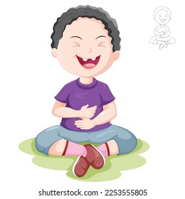 Curly hair young boy laughing cartoon with live outline