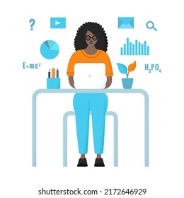 Curly haired african american student girl in glasses sitting at the table with laptop, house plant, learning online. Hand-drawn flat EPS 10 vector illustration with dotted texture effect