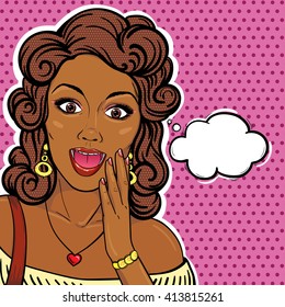 Curly haired African american woman surprised face with thought bubble in pop art retro comic style. Afro woman portrait - shocked look with open mouth and staring yeas.