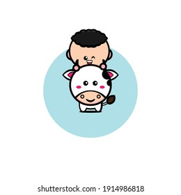 Curly haired boy character illustration design riding a cute cow