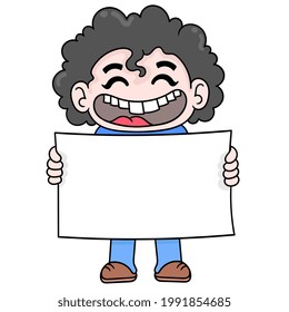 curly haired boy laughing happily making blank paper template, vector illustration art. doodle icon image kawaii.