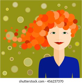 Curly haired girl smiling on a green background.