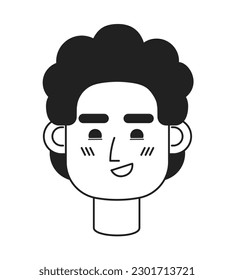 Curly haired guy smirking monochrome flat linear character head. Pleased caucasian young man. Editable outline hand drawn human face icon. 2D cartoon spot vector avatar illustration for animation