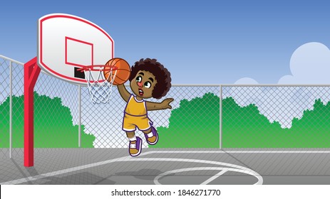 curly haired kids playing basketball on the basketball court