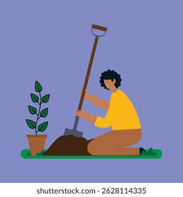 Cavar O Solo Ao Ar Livre, Ilustração Vetorial Plana