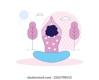 Curly haired woman doing yoga mediation blending with nature in the park. Character design. Vector flat illustration