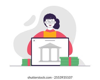 Curly haired woman with glasses gets many benefits when saving in the bank. Character design. Vector flat illustration