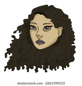Curly haired woman portrait - Digital hand-drawn illustration | Cartoon girl character, girl power