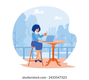 Curly haired woman sitting outdoors with a coffee cup in her hand. Happy young woman sitting outdoors with a laptop and coffee. Smiling woman friends drinking tea at home. 