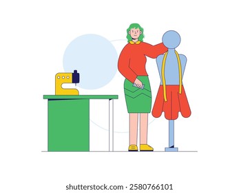 Curly haired woman tailor, professional dressmaker. Character design. Vector flat illustration