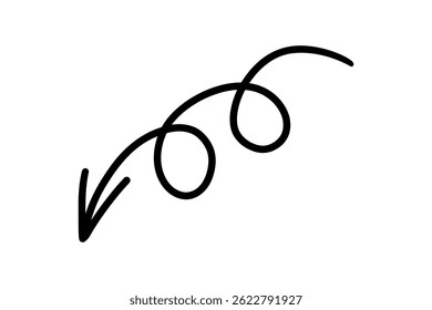 Curly hand-drawn arrow pointing down, sketch style vector.