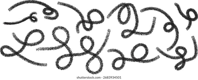 Curly hand-drawn swirl lines set in rough pencil texture, perfect for decorative borders, doodle elements, abstract art, invitations, frames, and creative graphic design projects.