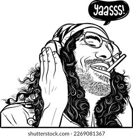 curly hari man with a headphone listening to music with satisfied face, smoking weed, illustration